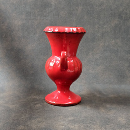 Leuchtend rote Vintage Amphorenvase mit geschwungenen Henkeln, Fohr Keramik 1970er Jahre, glänzende Glasur, Mid-Century Stil.