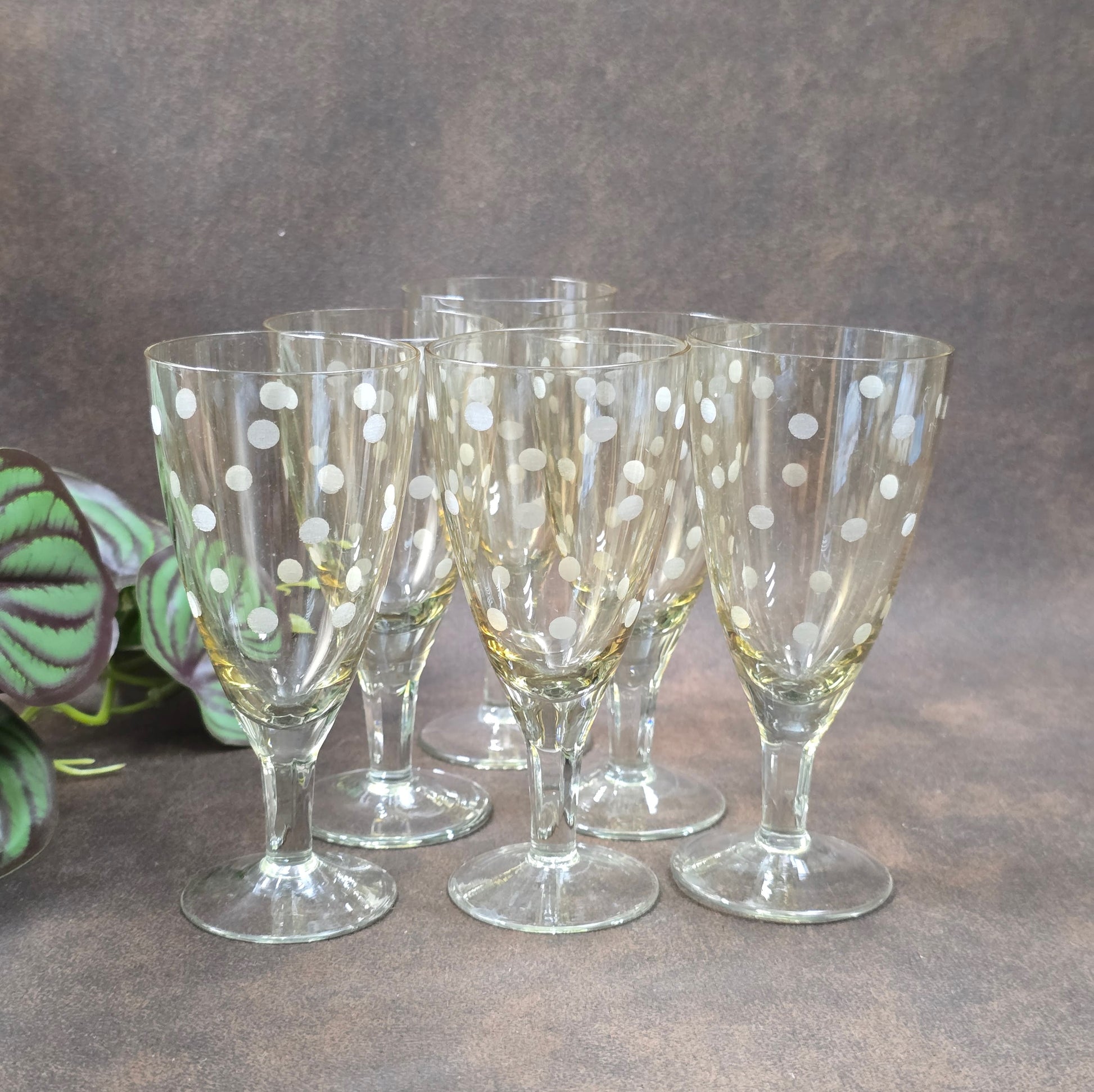 6er-Set Sherry-/Likörgläser, DDR 1950er–60er, Lausitzer Glas zugeschrieben. Mit geätztem Punkte-Dekor, ideal für Retro-Bar & Vintage-Genuss.