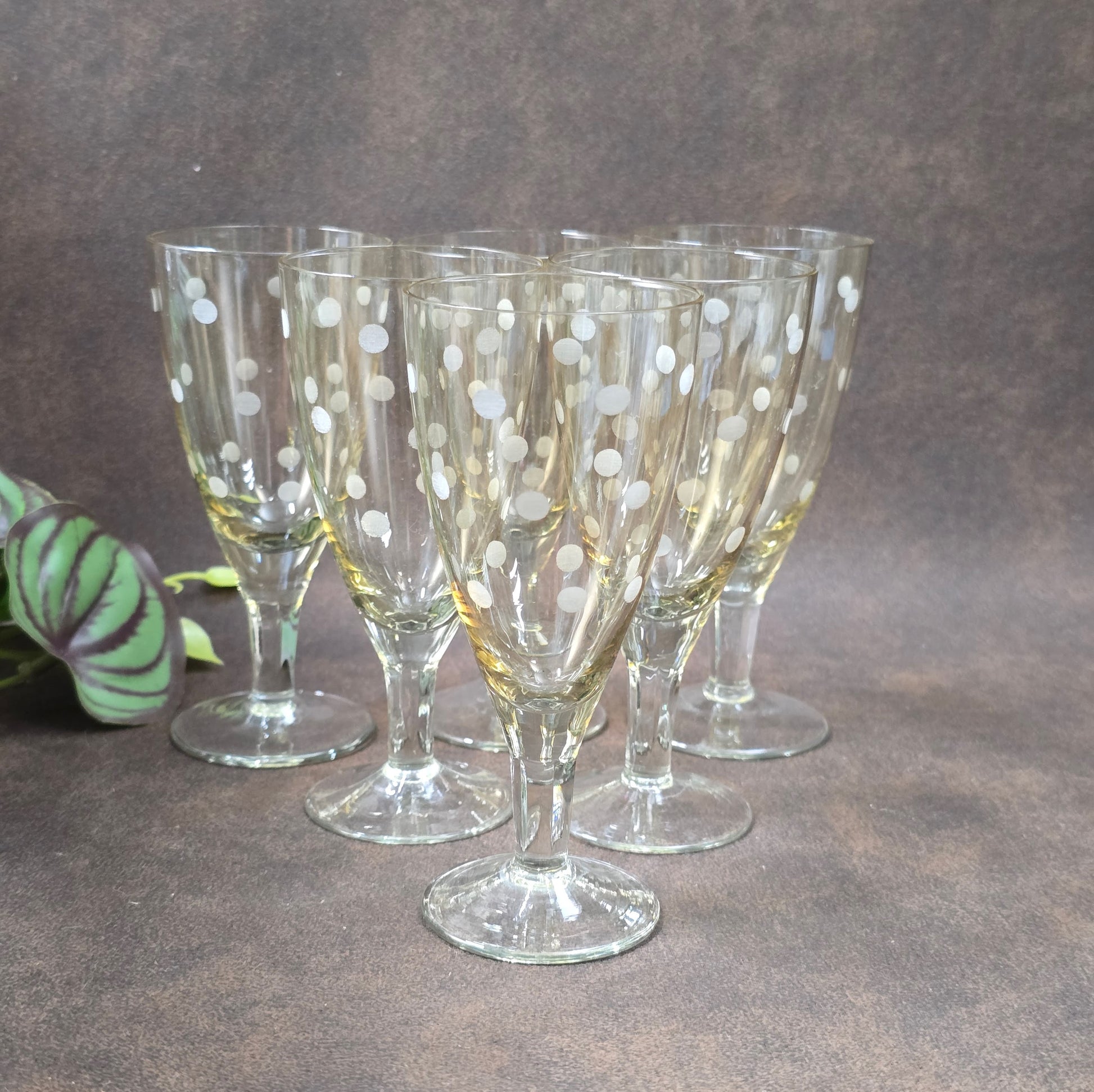 6er-Set Sherry-/Likörgläser, DDR 1950er–60er, Lausitzer Glas zugeschrieben. Mit geätztem Punkte-Dekor, ideal für Retro-Bar & Vintage-Genuss.