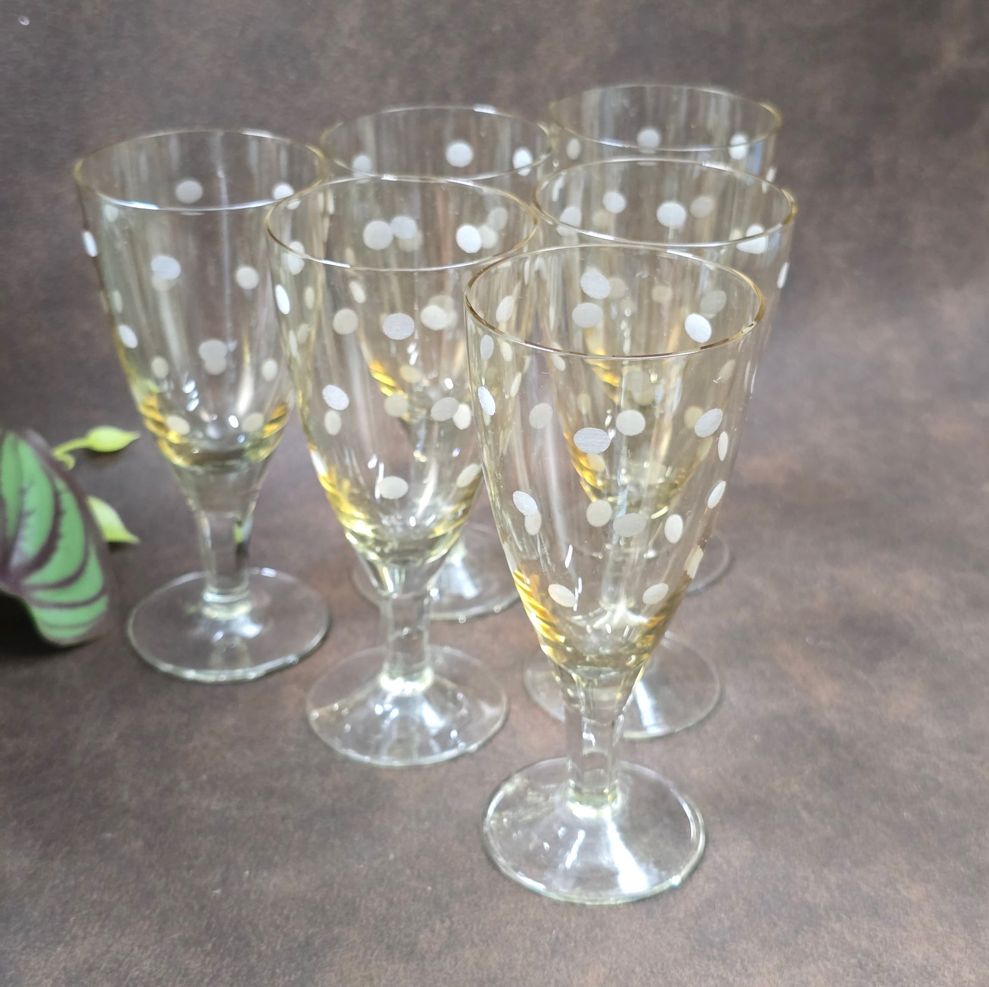 6er-Set Sherry-/Likörgläser, DDR 1950er–60er, Lausitzer Glas zugeschrieben. Mit geätztem Punkte-Dekor, ideal für Retro-Bar & Vintage-Genuss.