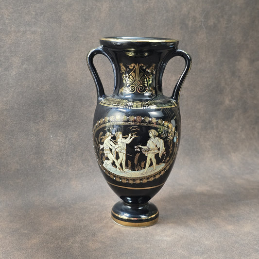 Handgefertigte schwarze Amphoren-Vase aus Griechenland, ca. 1970er, mit 24 K Goldverzierung und klassischen Figurenmotiven.