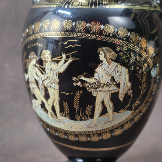 Handgefertigte schwarze Amphoren-Vase aus Griechenland, ca. 1970er, mit 24 K Goldverzierung und klassischen Figurenmotiven.