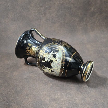 Handgefertigte schwarze Amphoren-Vase aus Griechenland, ca. 1970er, mit 24 K Goldverzierung und klassischen Figurenmotiven.