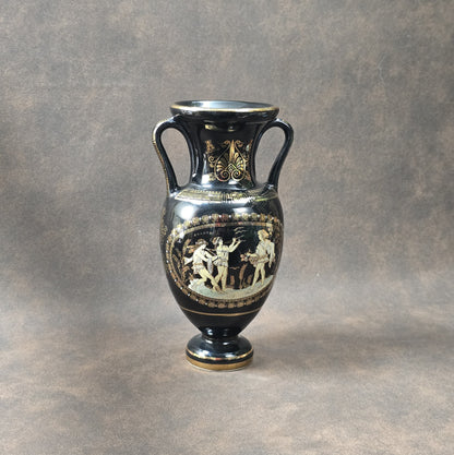 Handgefertigte schwarze Amphoren-Vase aus Griechenland, ca. 1970er, mit 24 K Goldverzierung und klassischen Figurenmotiven.