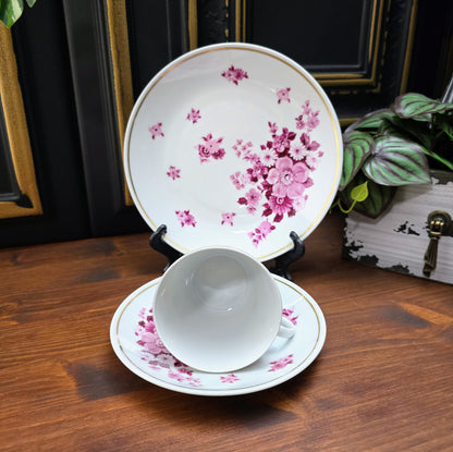 Vintage-Gedeck aus der DDR: Tasse, Untertasse & Kuchenteller von Fine China Lichte mit purpurfarbenem Blumenmotiv & Goldrand – stilvoll & sammelwürdig.