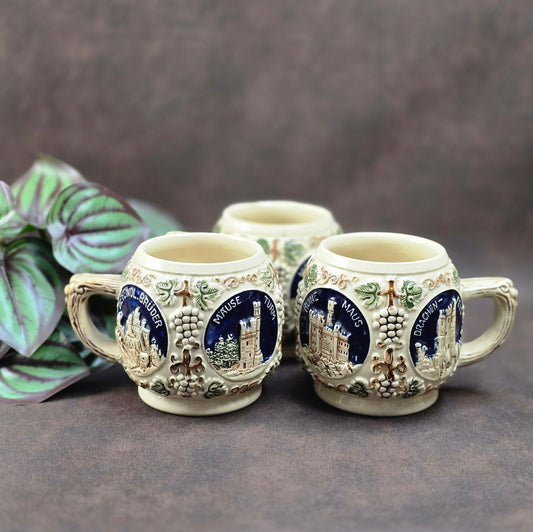 Vintage GERZ Bowlebecher-Set (3 Stück) aus den 60er/70ern. Burg- & Schlossmotive, rustikales Steinzeug – ideal für Sammler und Deko-Liebhaber.