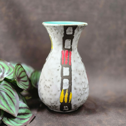 Jasba Keramikvase im Mid-Century-Stil – 60er/70er Original aus West Germany, Türkis-Innenglasur & farbiges Reliefmuster, top erhalten.