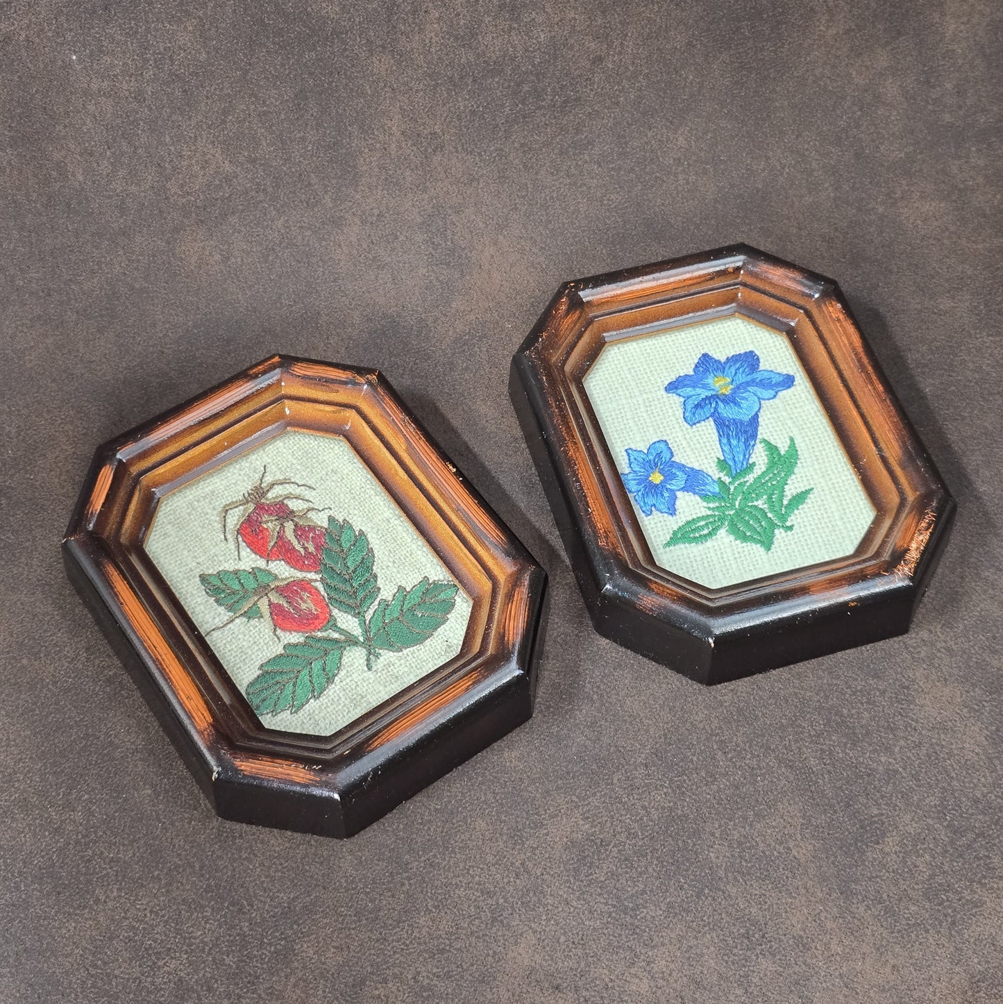 Zwei Vintage-Stickbilder aus den 60er/70er Jahren, Enzian & Hagebutte, unter Glas im britischen Registered Design Rahmen.