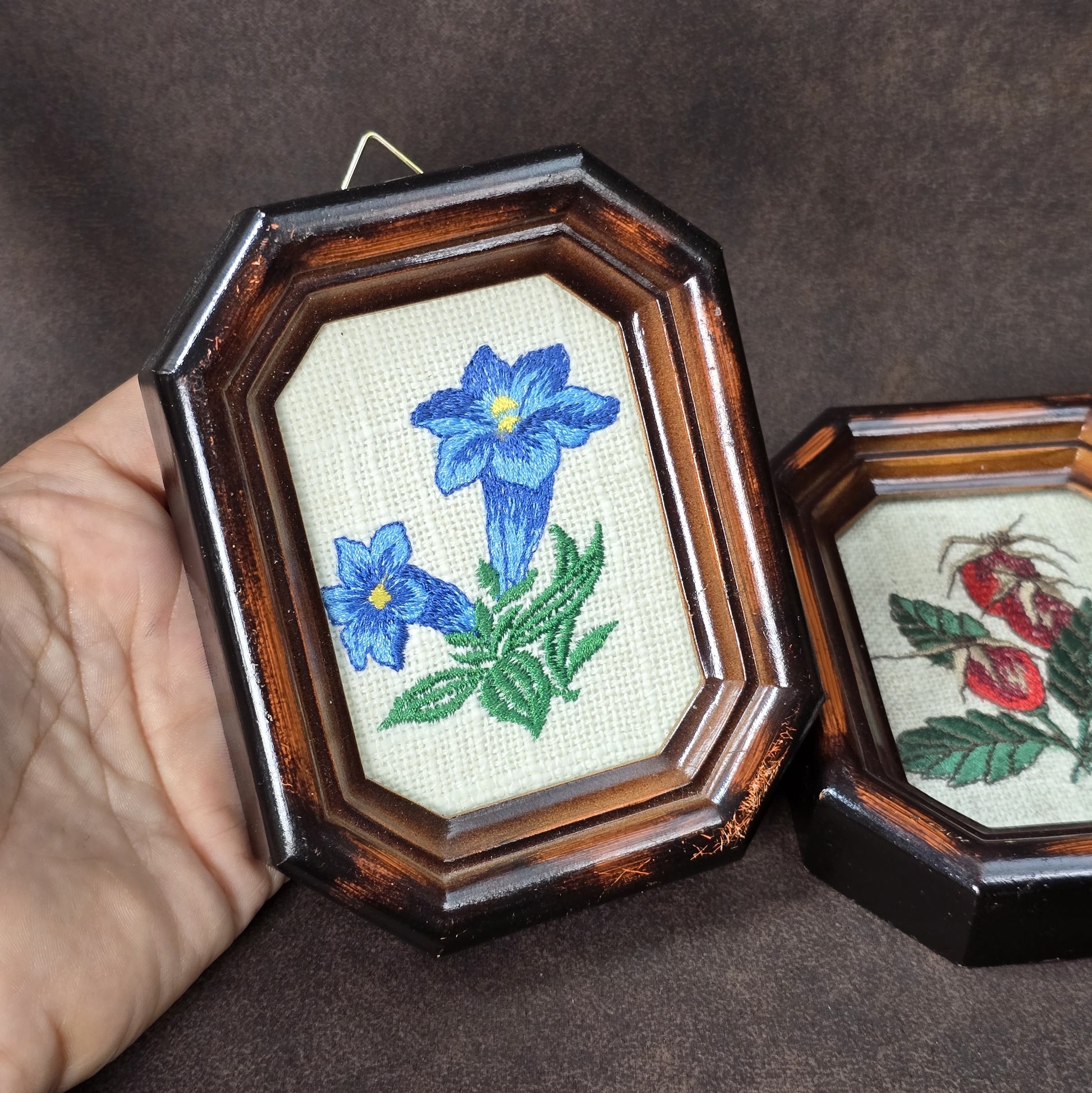 Zwei Vintage-Stickbilder aus den 60er/70er Jahren, Enzian & Hagebutte, unter Glas im britischen Registered Design Rahmen.