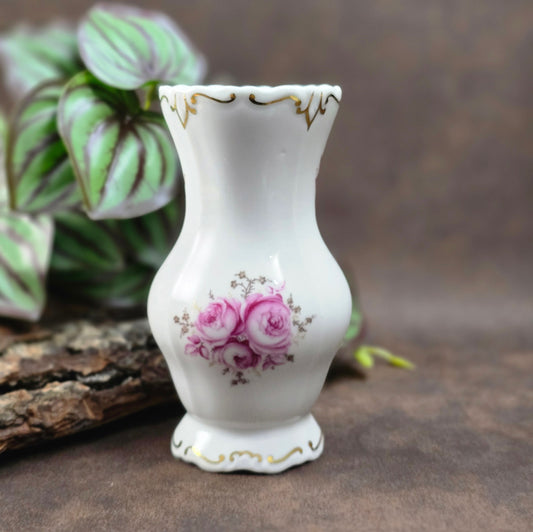 Porzellanvase von Weimar (DDR, ca. 1970), Serie Katharina mit Rosenmotiv & Goldrand. Elegant & makellos – perfekt für Vintage Deko & Sammler:innen.
