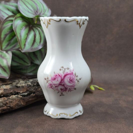 Porzellanvase von Weimar (DDR, ca. 1970), Serie Katharina mit Rosenmotiv & Goldrand. Elegant & makellos – perfekt für Vintage Deko & Sammler:innen.