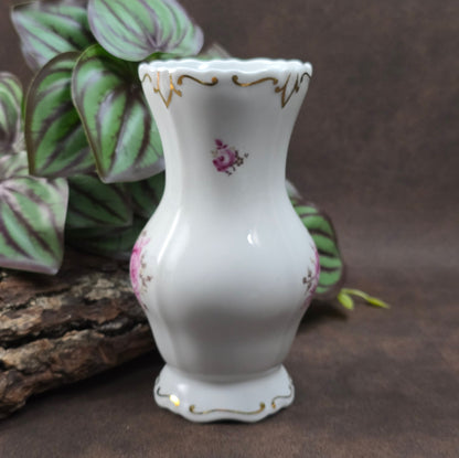 Porzellanvase von Weimar (DDR, ca. 1970), Serie Katharina mit Rosenmotiv & Goldrand. Elegant & makellos – perfekt für Vintage Deko & Sammler:innen.