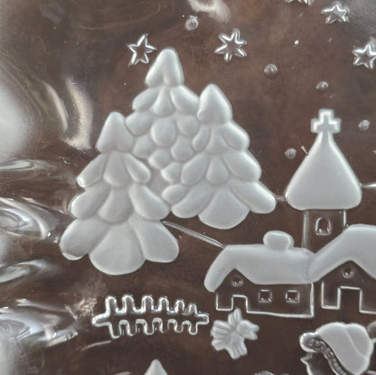 Große Weihnachtsschale von Walther Glas im Winterdorf-Design. Pressglas mit Frostrelief aus den 1990ern. Perfekt für festliche Vintage-Dekoration.