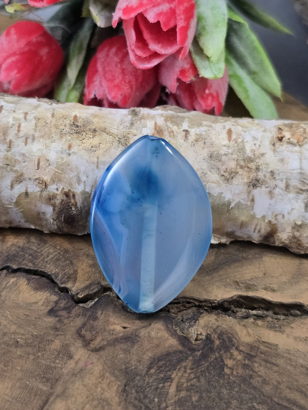 Blaue Achat-Navetteperle (34x24 mm) mit feiner natürlicher Bänderung auf rustikalem Holz vor einem hellen Birkenstamm.