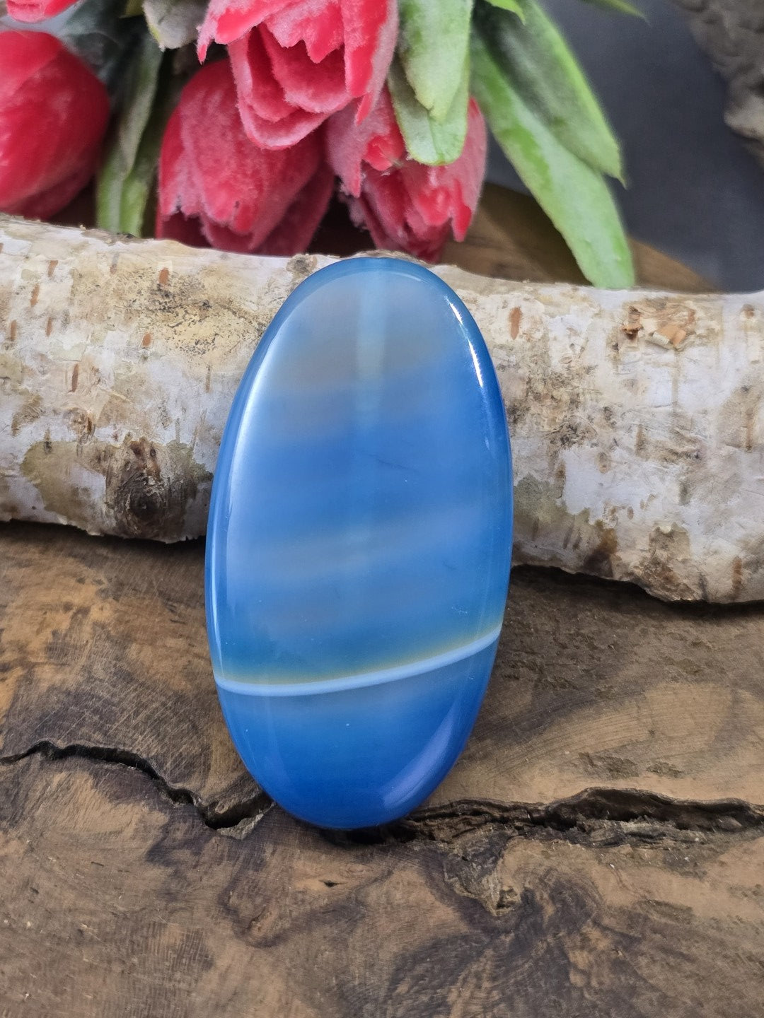 Frontalansicht der 48 mm Achat-Perle in Navette-Form mit charakteristischer weiß-blauer Bänderung und Glanz-Finish.