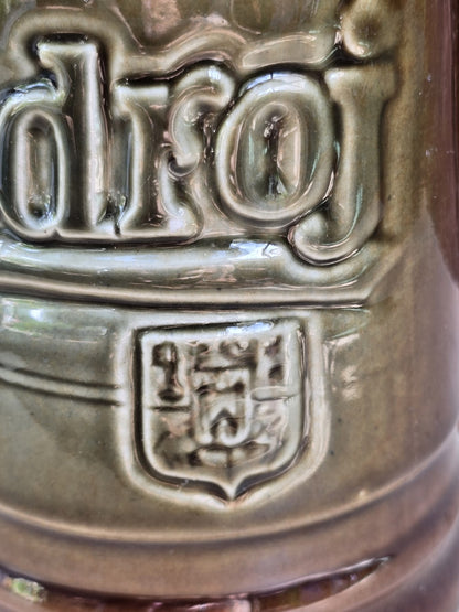 Braun-grüner Vintage Bierkrug aus Bechyně mit Plzeňský Prazdroj Dekor, plastischem Relief, Asthenkel und Bodenprägung mit Brücke.