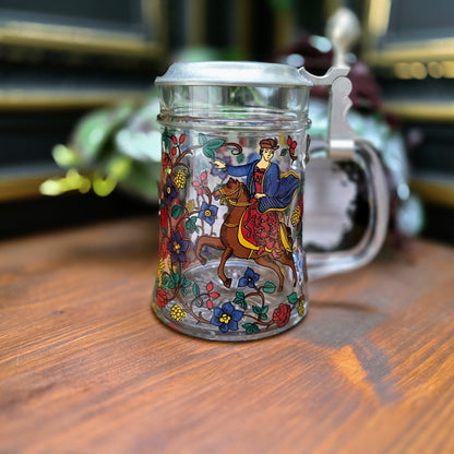 Original BMF Bierseidel aus Glas mit Zinndeckel & Dornröschen-Motiv. Vintage 1970er Jahre, 0,5L, mit Engel-Punze – in sehr gutem Zustand, perfekt für Sammler & Märchenfans.