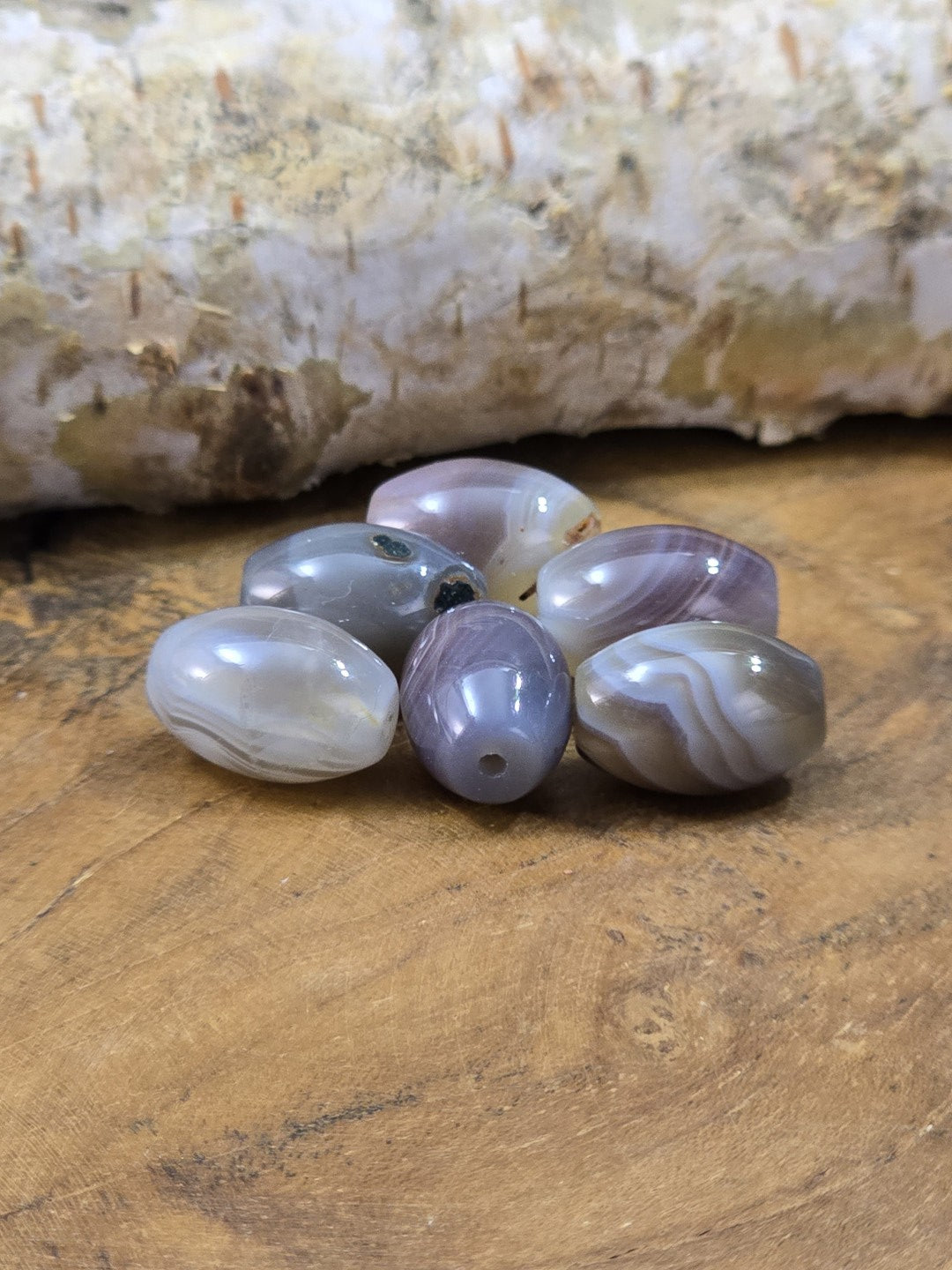 Ovale Botswana-Achat-Edelsteinperlen in Grau, Flieder und Beige mit sichtbarer Querbohrung für DIY-Schmuck