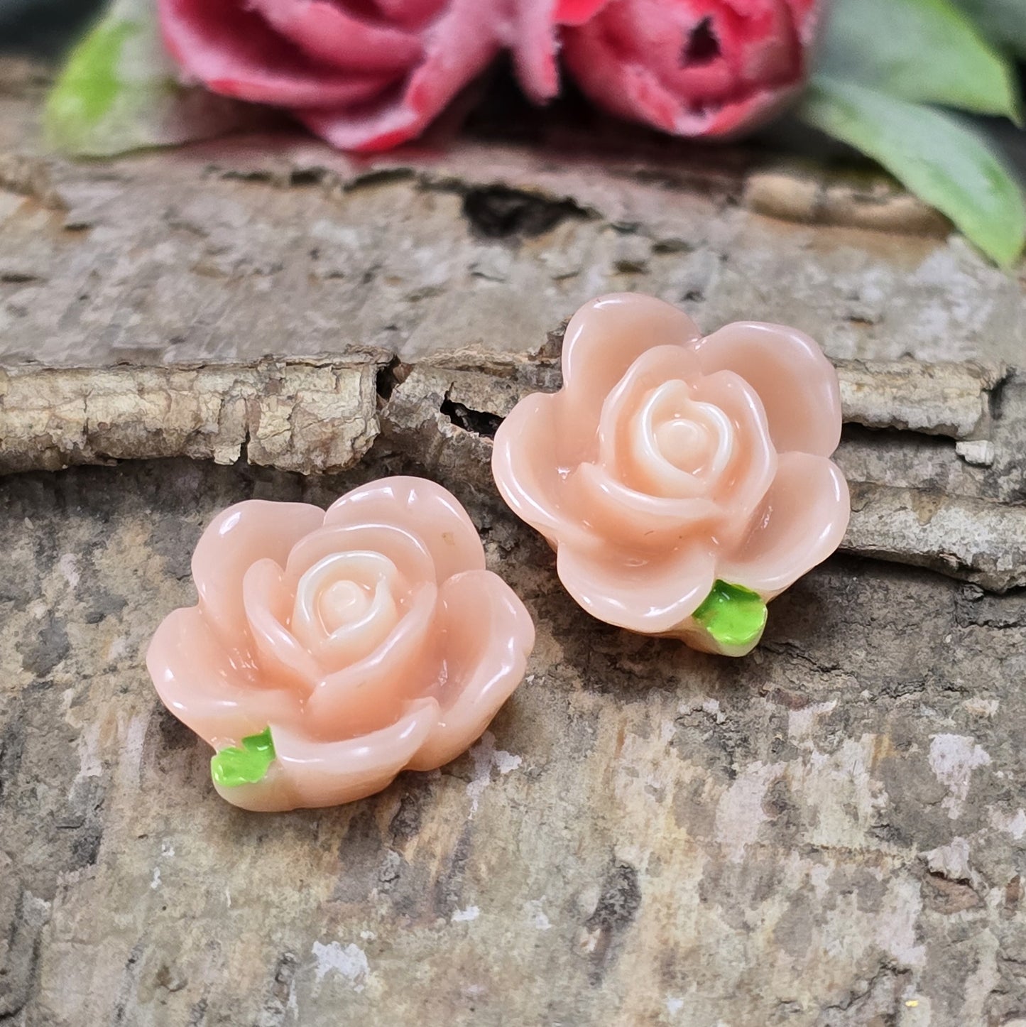 Das Bild zeigt 2 Cabochons offene Rose – 15mm – Apricot – Zarte Akzente für deine Schmuckkreationen 🍑🌹