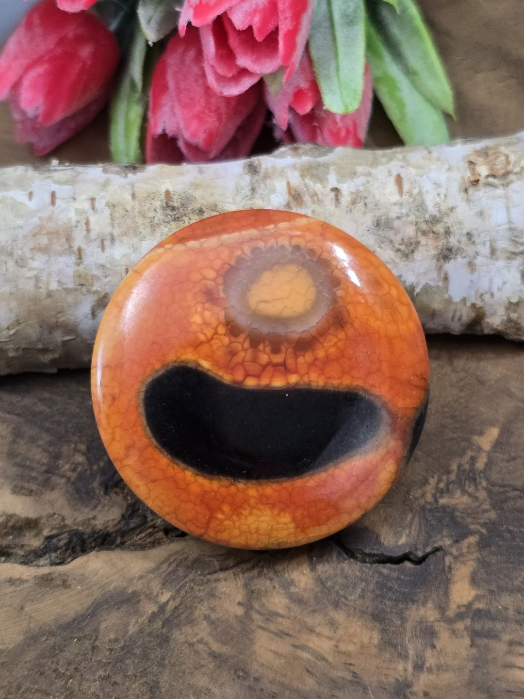 Vorderseite einer runden orange-braunen Drachenader-Achatperle mit schwarzem Augenmuster auf Rustikal-Holzgrund vor Birkenholz.