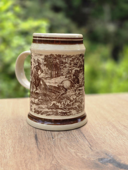 Porzellan Bierseidel mit Ridinger Jagdmotiv in Braun, Waldszene, Jagdhunden und hellem Henkel