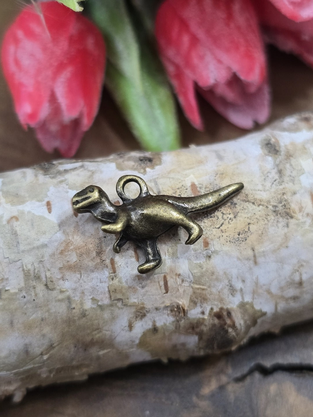 Nahaufnahme eines einzelnen T-Rex Dinosaurier-Metallanhängers (27 mm) mit integrierter Öse auf hellem Birkenholz.