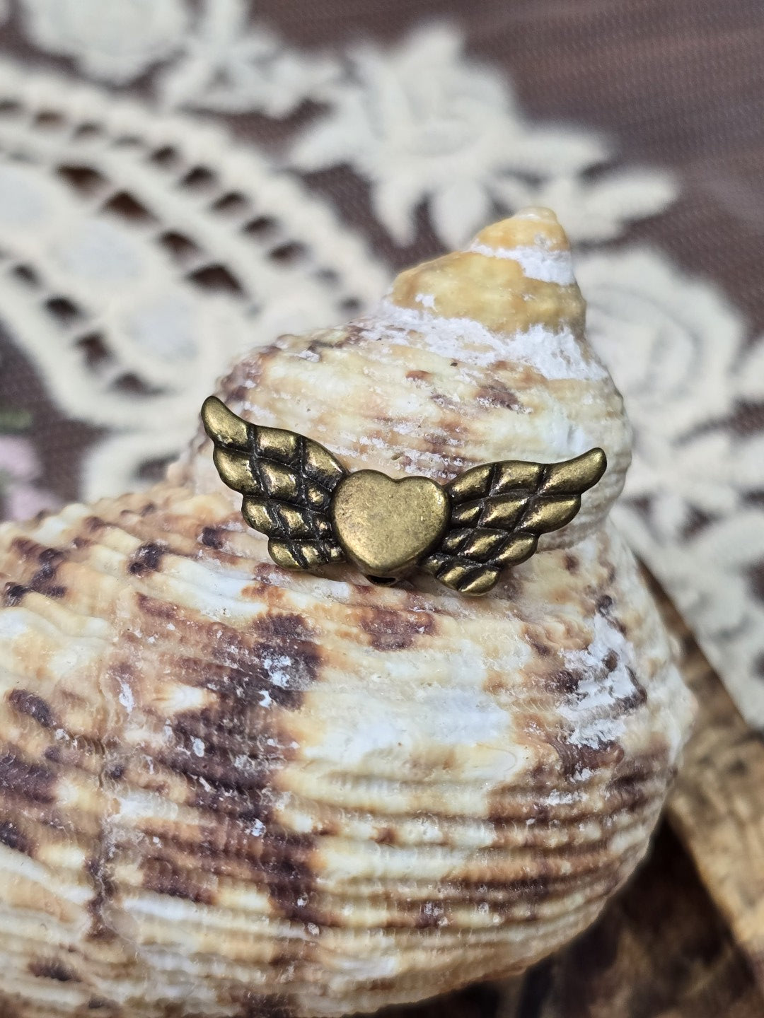 Engelsflügel-Perle in Vintage-Bronze mit Herz-Mitte frontal platziert auf einer Muschel.
