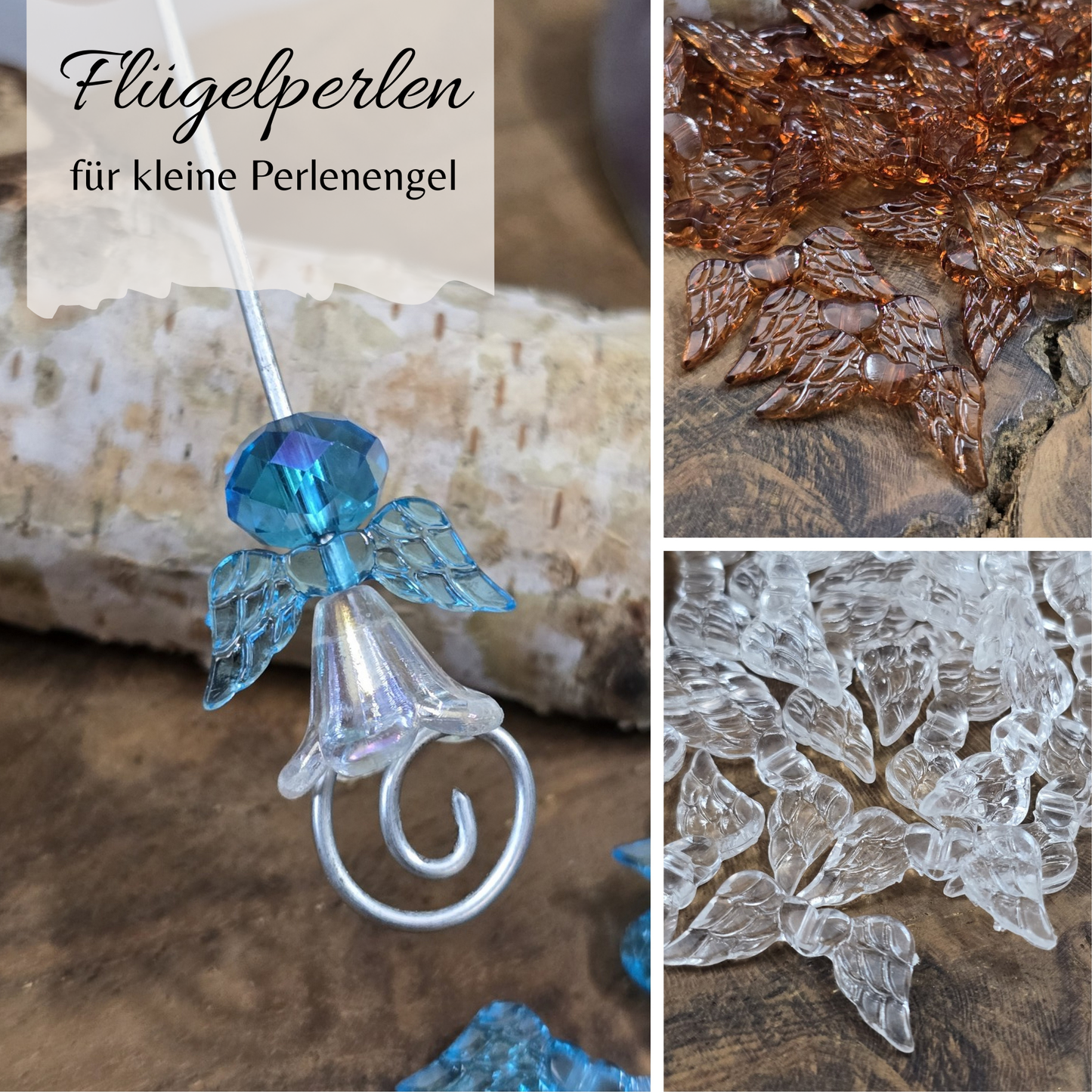 Collage mit Bastelbeispiel für Perlenengel und Flügelperlen in Blau, Braun und Transparent.