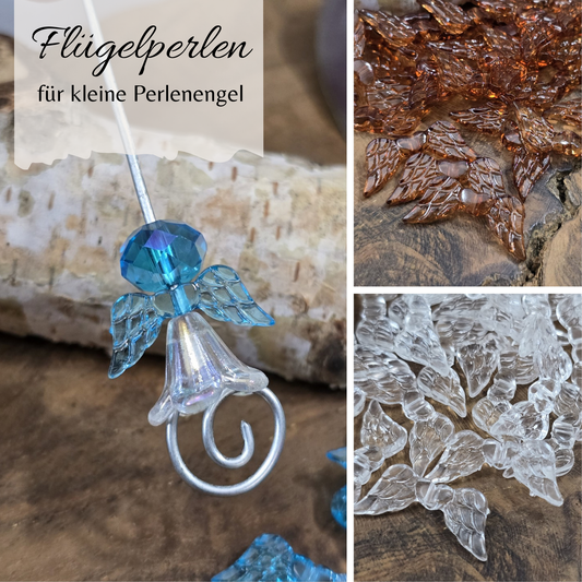 Collage mit Bastelbeispiel für Perlenengel und Flügelperlen in Blau, Braun und Transparent.