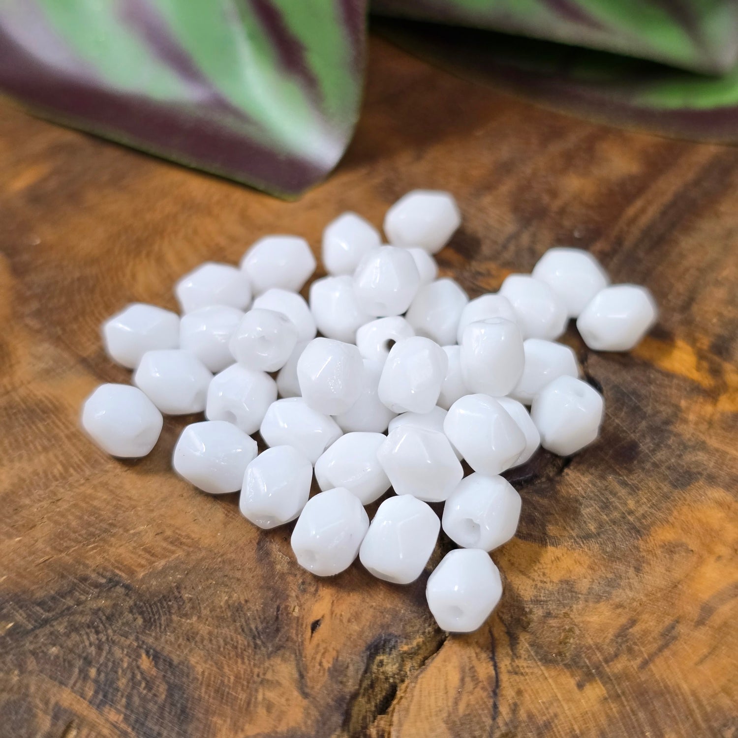 40 klassische Glasperlen in opakem Weiß (5 mm), oval & facettiert – aus Gablonz. Perfekt für elegante DIY-Schmuckideen, gut kombinierbar und vielseitig einsetzbar