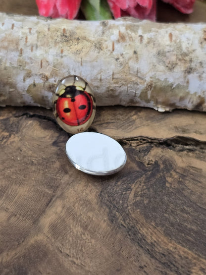 Zwei ovale Glascabochons mit Marienkäfer auf Holz, wobei einer mit der flachen, weißen Rückseite nach oben liegt, um die ebene Klebefläche zu zeigen.