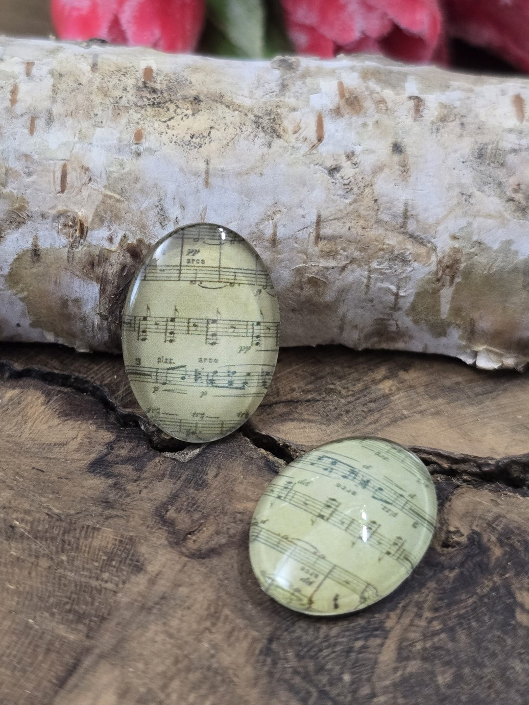 Zwei ovale Glascabochons (18x13 mm) mit antikum Notenblatt-Motiv dekorativ platziert auf rustikalem Holz vor einem hellen Birkenstamm.