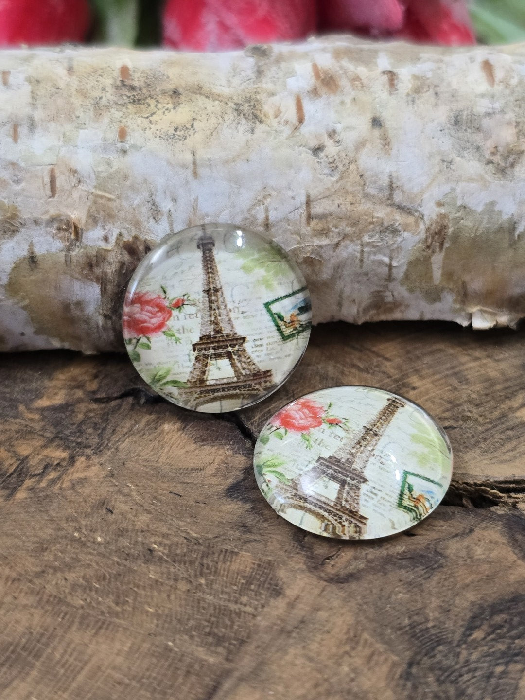 Zwei Paris-Schmucksteine aus Glas mit nostalgischem Eiffelturm- und Rosen-Motiv dekorativ arrangiert auf Holz vor einem Birkenast.