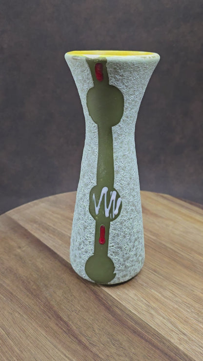 Vintage-Keramikvase Jasba 602/19 aus den 60ern – grün-weiß mit sonnengelbem Innenraum, Putzstruktur, guter Zustand. Charmanter Designklassiker für dein Zuhause.