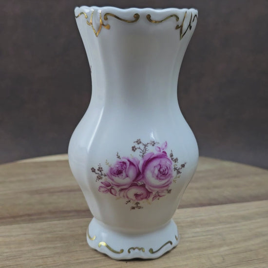Porzellanvase von Weimar (DDR, ca. 1970), Serie Katharina mit Rosenmotiv & Goldrand. Elegant & makellos – perfekt für Vintage Deko & Sammler:innen.