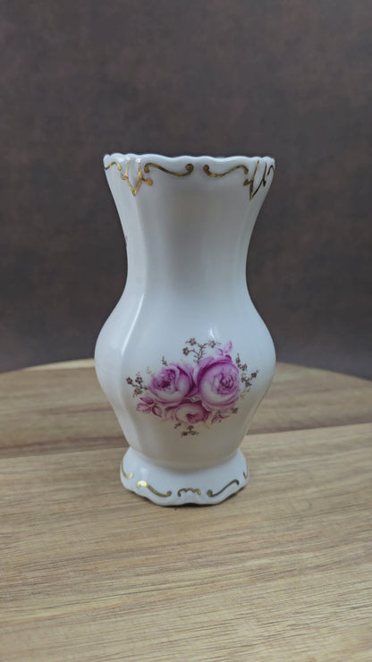 Porzellanvase von Weimar (DDR, ca. 1970), Serie Katharina mit Rosenmotiv & Goldrand. Elegant & makellos – perfekt für Vintage Deko & Sammler:innen.