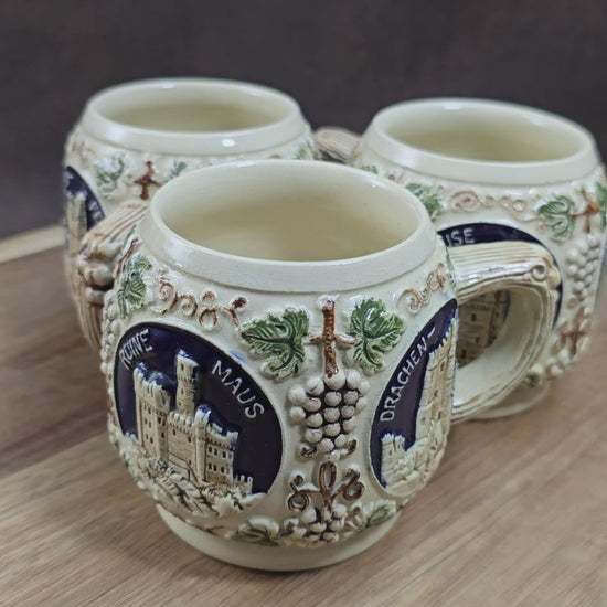 Vintage GERZ Bowlebecher-Set (3 Stück) aus den 60er/70ern. Burg- & Schlossmotive, rustikales Steinzeug – ideal für Sammler und Deko-Liebhaber.