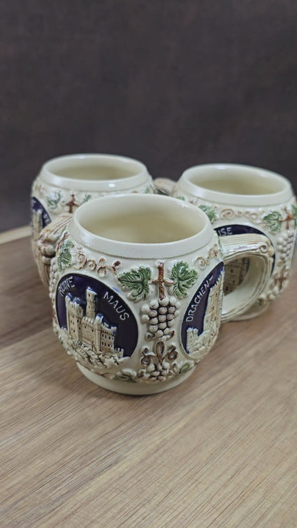 Vintage GERZ Bowlebecher-Set (3 Stück) aus den 60er/70ern. Burg- & Schlossmotive, rustikales Steinzeug – ideal für Sammler und Deko-Liebhaber.