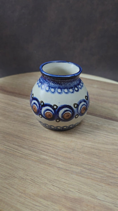 Vintage Bunzlauer Vase 70er, bauchig, handbemalt, polnische Keramik, 7,5 cm