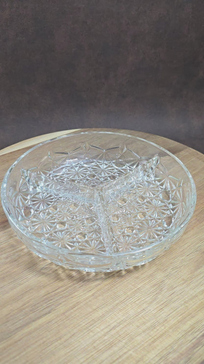 Vintage Kristallschale 1980er – Luxhem de Veropa Daisy Button – 3-geteilte Retro Servierschale aus Glas