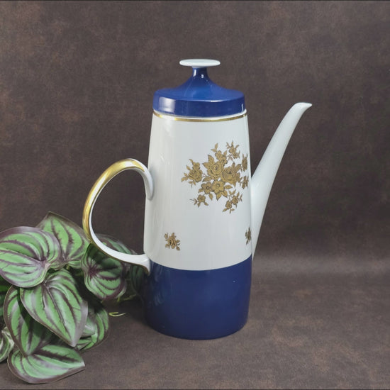 Elegante Vintage-Kaffeekanne von Lichte Fine China (DDR) im Art-Deco-Stil – Blau-Weiß mit Gold. Ideal als Ersatzkanne oder stilvolles Einzelstück.