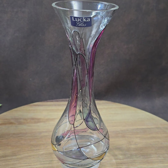 Handbemalte Lucka Glas Vase im Art-Deco-inspirierten DDR-Design. 1970er Original mit Aufkleber – ein Must-have für Vintage-Liebhaber.