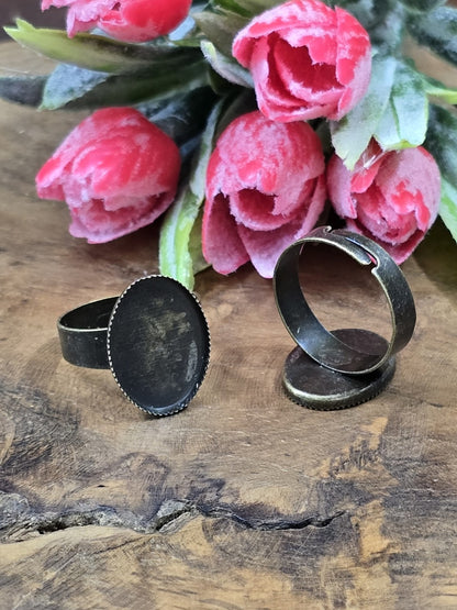 Zwei verstellbare Ringrohlinge in Vintage Bronze mit ovaler 18x13mm Klebefläche vor rosa Blüten.