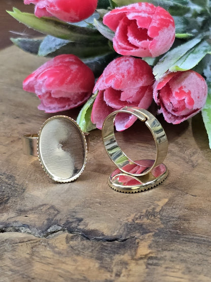 Goldfarbene verstellbare Ringschienen mit ovaler Cabochon-Fassung und strukturiertem Rand vor rosa Blüten.