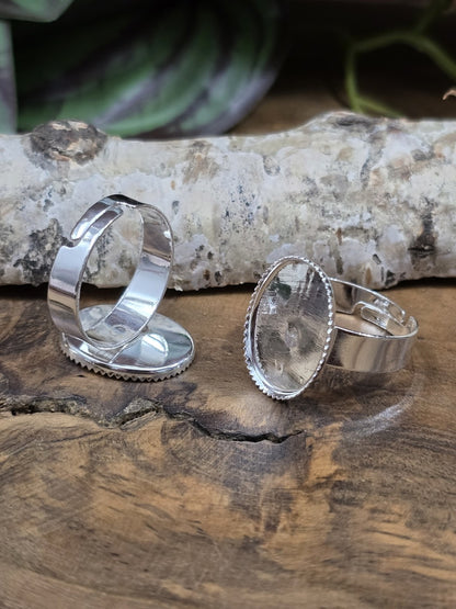 Silberne Ringschienen mit ovaler 18x13mm Klebefläche und feiner Verzahnung am Rand auf Holz vor Baumrinde.