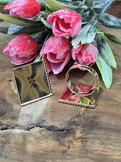 Goldfarbene verstellbare Ringschienen mit quadratischer 19-mm-Klebefläche und gezacktem Rand vor rosa Tulpen.