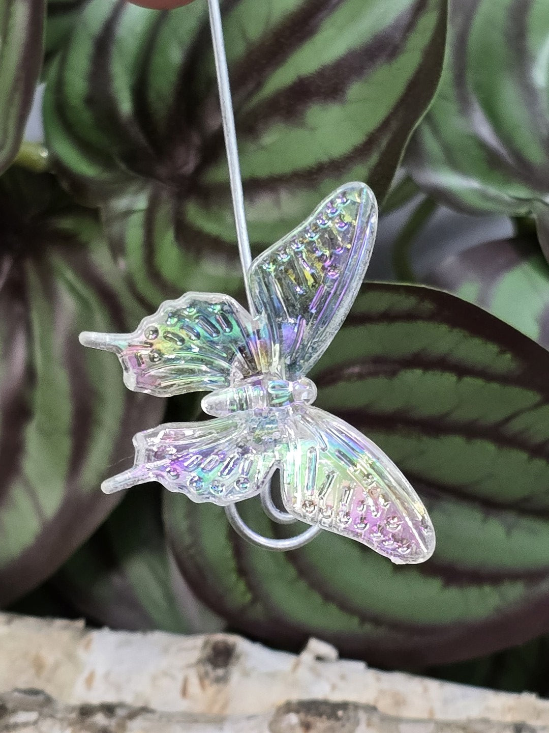 Aufgefädelte Schmetterlingsperle aus Acryl mit AB-Schimmer für Schmuckgestaltung und Bastelprojekte