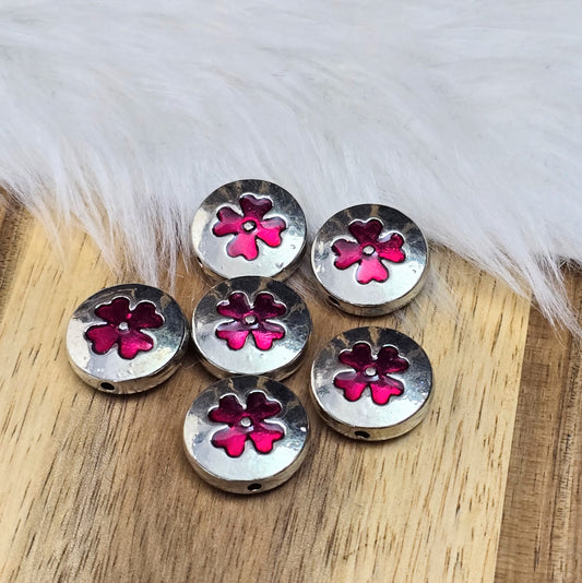 Antik silberfarbene, linsenförmige Metallperlen mit Kleeblattmotiv. Perfekt für Schmuck & Deko, 14mm, 6 Stück. Kreativ & einzigartig!