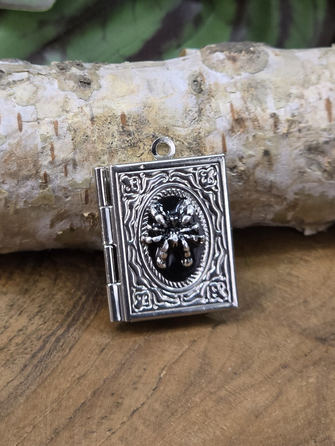 Silberfarbenes Buch-Medaillon mit Spinnenmotiv und schwarzem Resin-Einsatz auf Holz fotografier