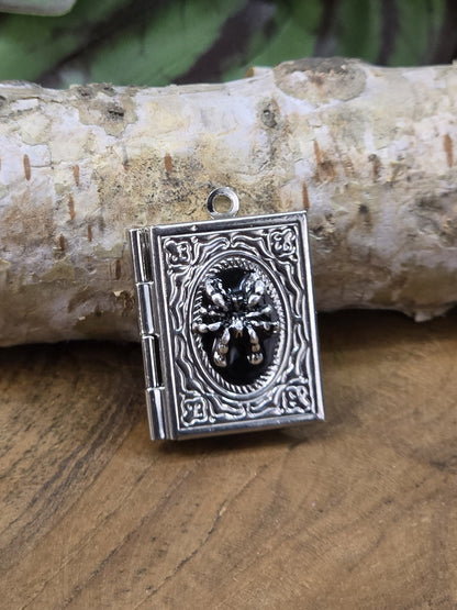 Silberfarbenes Buch-Medaillon mit Spinnenmotiv und schwarzem Resin-Einsatz auf Holz fotografier